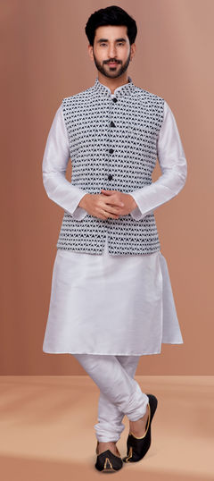 White and Off White color Kurta Pyjama with Jacket in Dupion Silk fabric with Embroidered, Thread work