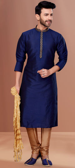 Blue color Kurta Pyjamas in Art Silk fabric with Embroidered, Thread work