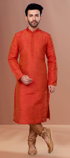 Orange color Kurta Pyjamas in Art Silk fabric with Embroidered, Thread work