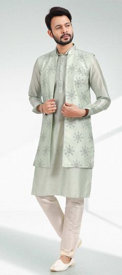 Green color Kurta Pyjama with Jacket in Art Silk fabric with Embroidered, Thread work : 1849185