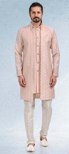 Pink and Majenta color Kurta Pyjama with Jacket in Art Silk fabric with Embroidered, Thread work : 1849189