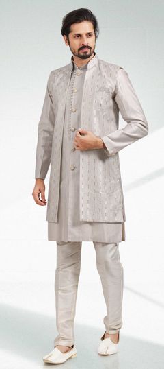 Black and Grey color Kurta Pyjama with Jacket in Art Silk fabric with Embroidered, Thread work : 1849190