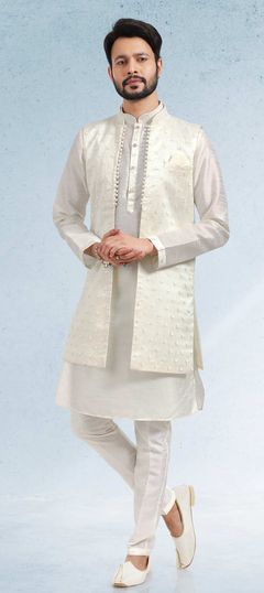 White and Off White color Kurta Pyjama with Jacket in Art Silk fabric with Embroidered, Thread work : 1849191