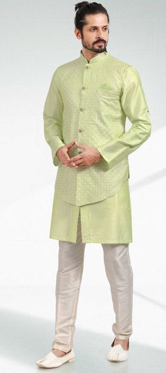 Green color Kurta Pyjama with Jacket in Art Silk fabric with Embroidered, Thread work : 1849192