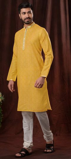 Yellow color Kurta Pyjamas in Cotton fabric with Bugle Beads, Digital Print, Mirror, Printed work
