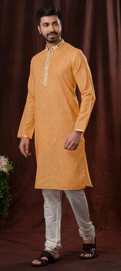Orange color Kurta Pyjamas in Cotton fabric with Bugle Beads, Digital Print, Mirror, Printed work