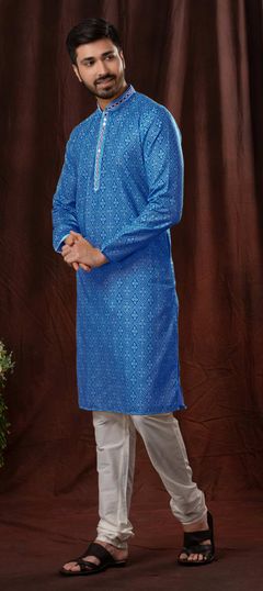 Blue color Kurta Pyjamas in Cotton fabric with Bugle Beads, Digital Print, Mirror, Printed work