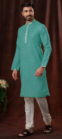 Blue color Kurta Pyjamas in Cotton fabric with Bugle Beads, Digital Print, Mirror, Printed work