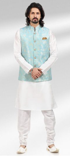 White and Off White color Kurta Pyjama with Jacket in Jacquard fabric with Weaving work