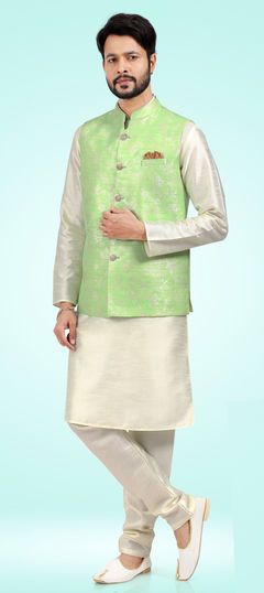 Beige and Brown color Kurta Pyjama with Jacket in Jacquard fabric with Weaving work