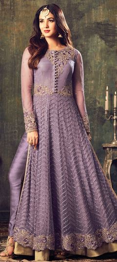 Eid, Reception, Wedding Purple and Violet color Salwar Kameez in Net fabric with Slits Embroidered, Stone, Zari work : 1849594