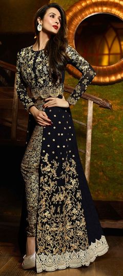 Mehendi Sangeet, Reception, Wedding Black and Grey color Salwar Kameez in Georgette fabric with Slits Embroidered, Stone, Zari work : 1849596