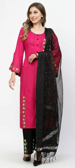 Pink and Majenta color Salwar Kameez in Rayon fabric with Embroidered work