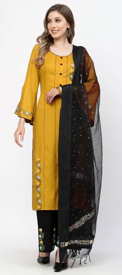 Yellow color Salwar Kameez in Rayon fabric with Embroidered work