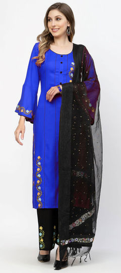 Blue color Salwar Kameez in Rayon fabric with Embroidered work