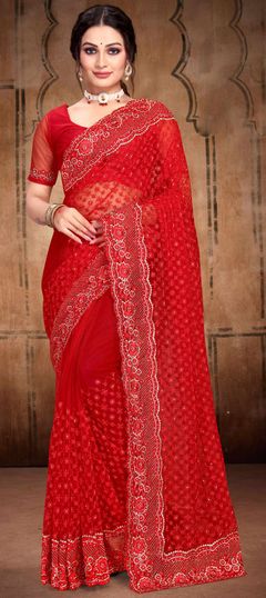 Red and Maroon color Saree in Net fabric with Embroidered, Stone, Thread, Zari work