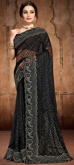 Mehendi Sangeet, Reception Black and Grey color Saree in Net fabric with Classic Embroidered, Stone, Thread, Zari work : 1849656