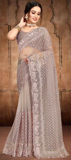 Black and Grey color Saree in Net fabric with Embroidered, Stone, Thread, Zari work