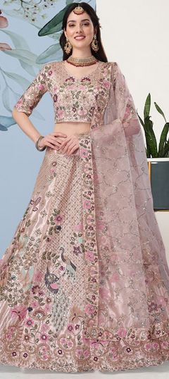 Beige and Brown color Lehenga in Satin Silk fabric with Embroidered, Resham, Sequence work