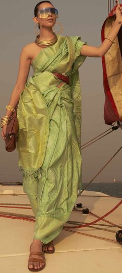 Green color Saree in Satin Silk, Silk fabric with Weaving work