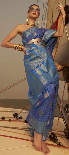 Blue color Saree in Satin Silk, Silk fabric with Weaving work