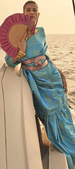 Blue color Saree in Satin Silk, Silk fabric with Weaving work