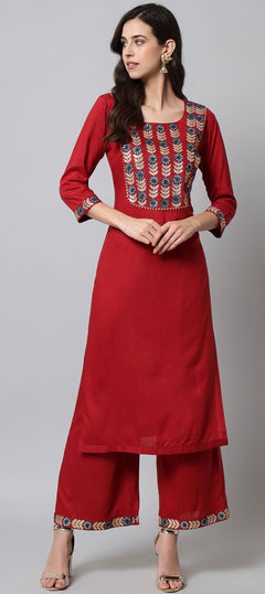 Festive, Party Wear Red and Maroon color Tunic with Bottom in Rayon, Viscose fabric with Palazzo Embroidered work : 1849788