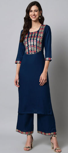 Festive, Party Wear Blue color Tunic with Bottom in Rayon, Viscose fabric with Palazzo Embroidered work : 1849789