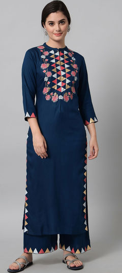 Festive, Party Wear Blue color Tunic with Bottom in Rayon, Viscose fabric with Palazzo Printed work : 1849791