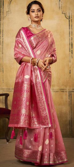 Pink and Majenta color Saree in Silk, Tissue fabric with Weaving work