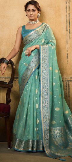 Blue color Saree in Silk, Tissue fabric with Weaving work