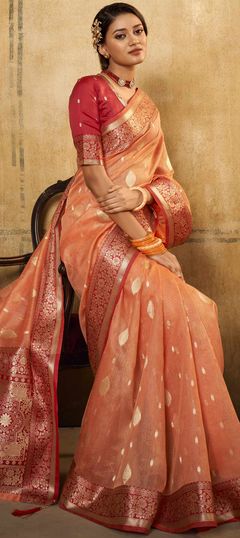 Orange color Saree in Silk, Tissue fabric with Weaving work