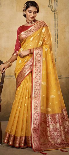 Yellow color Saree in Silk, Tissue fabric with Weaving work