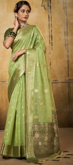Green color Saree in Silk, Tissue fabric with Weaving work