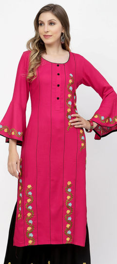 Pink and Majenta color Kurti in Rayon fabric with Embroidered work