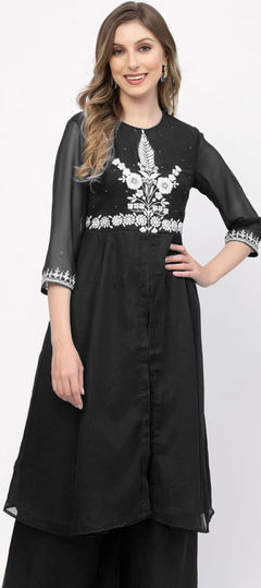 Black and Grey color Kurti in Georgette fabric with Embroidered work