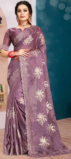 Designer, Traditional Purple and Violet color Saree in Organza Silk, Silk fabric with South Embroidered, Sequence, Thread, Zircon work : 1849894