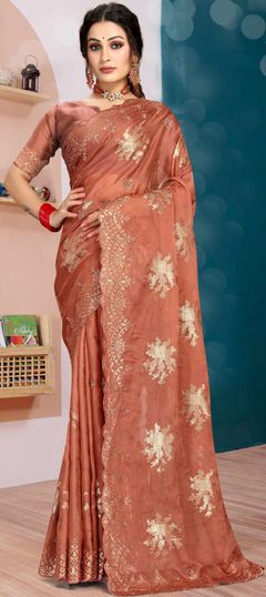 Designer, Traditional Beige and Brown color Saree in Organza Silk, Silk fabric with South Embroidered, Sequence, Thread, Zircon work : 1849895