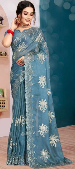 Designer, Traditional Blue color Saree in Organza Silk, Silk fabric with South Embroidered, Sequence, Thread, Zircon work : 1849896