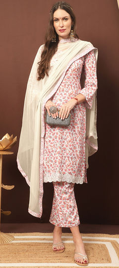 White and Off White color Salwar Kameez in Blended Cotton fabric with Embroidered, Printed work