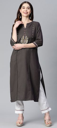 Party Wear Black and Grey color Tunic with Bottom in Cotton fabric with Embroidered, Resham, Thread work : 1850129