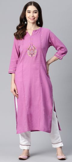 Party Wear Purple and Violet color Tunic with Bottom in Cotton fabric with Embroidered, Resham, Thread work : 1850131