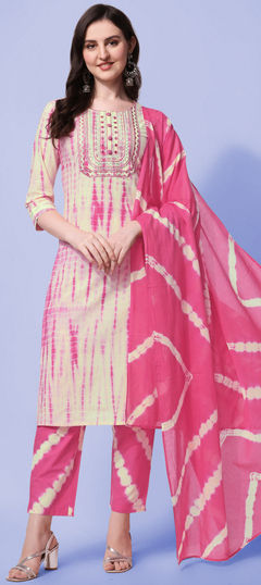 Pink and Majenta, White and Off White color Salwar Kameez in Cotton fabric with Lace, Printed work