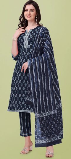 Blue color Salwar Kameez in Cotton fabric with Lace, Printed work