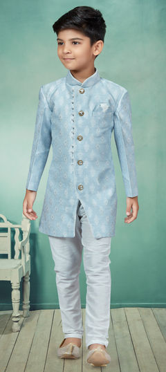 Blue color Boys Indo-Western in Banarasi Silk fabric with Zari work