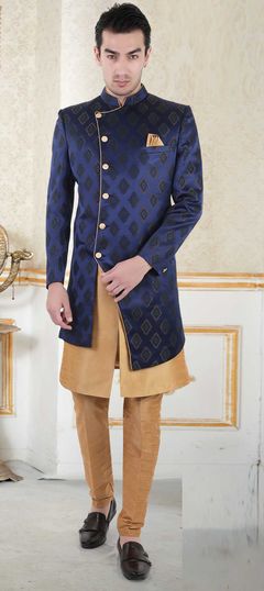 Blue color IndoWestern Dress in Jacquard fabric with Weaving work