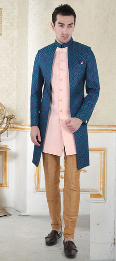 Blue color IndoWestern Dress in Brocade fabric with Embroidered, Sequence, Thread work