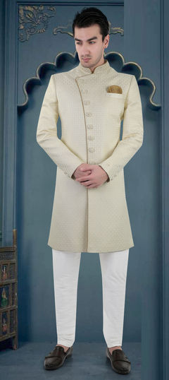 White and Off White color IndoWestern Dress in Brocade fabric with Embroidered, Sequence, Thread work