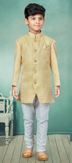 Yellow color Boys Indo-Western in Banarasi Silk fabric with Zari work