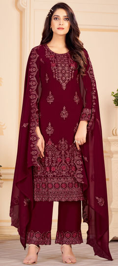 Red and Maroon color Salwar Kameez in Georgette fabric with Embroidered, Stone, Thread work